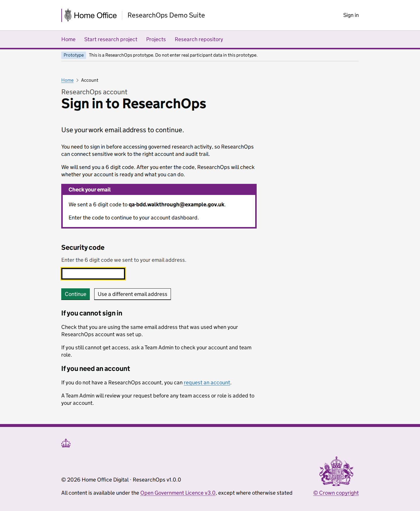 Screenshot of Sign in to ResearchOps in the 6 digit code requested state for Desktop.