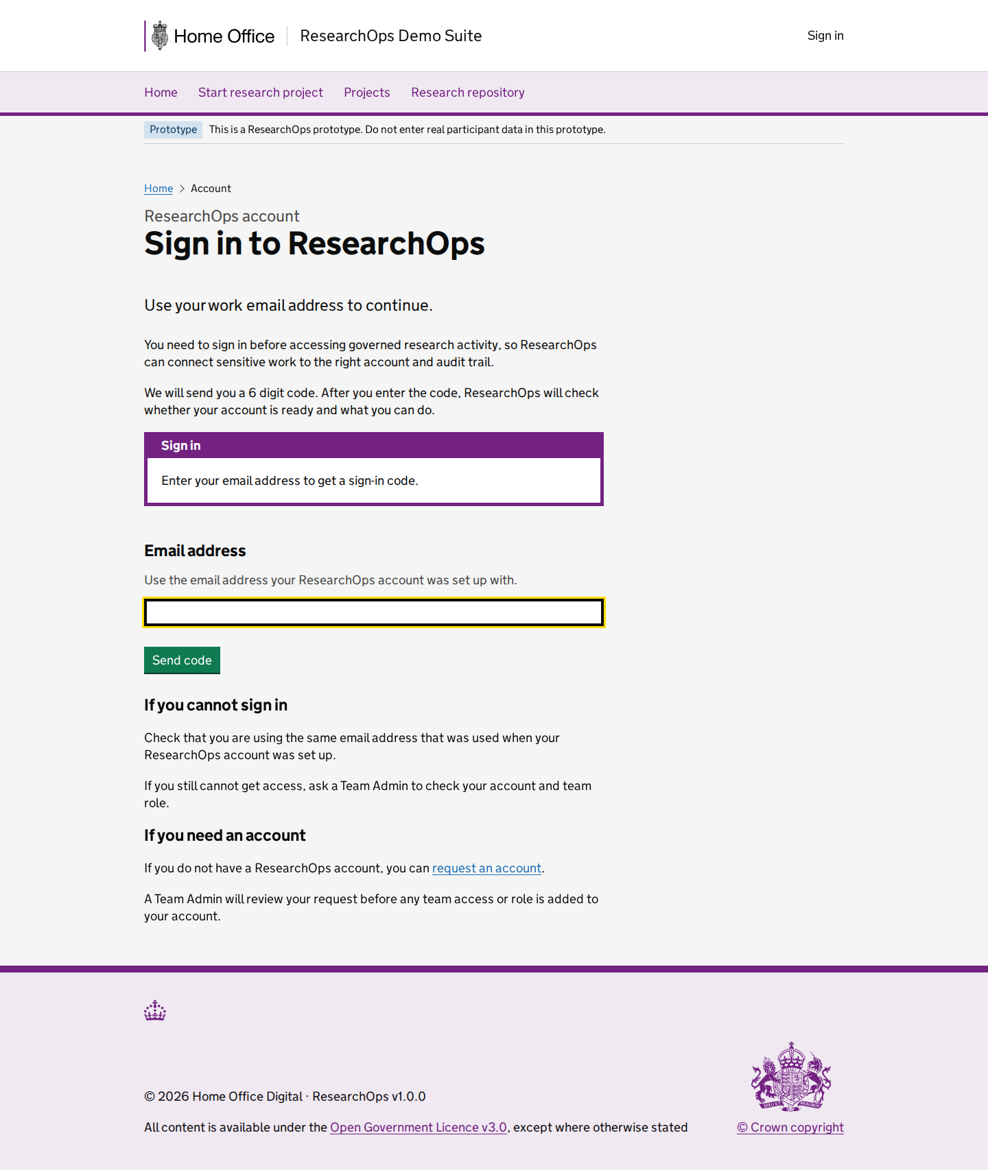 Screenshot of Sign in to ResearchOps in the Email address requested state for Desktop.