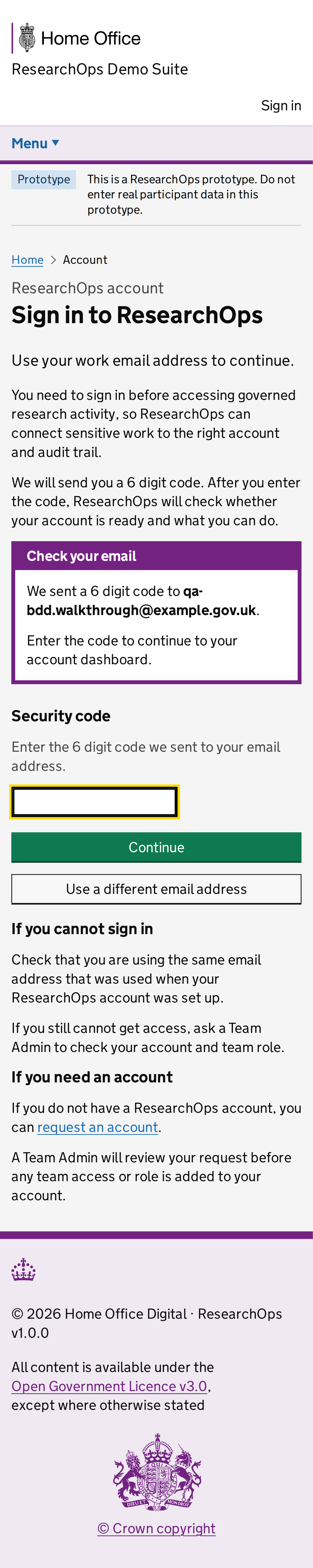 Screenshot of Sign in to ResearchOps in the 6 digit code requested state for Mobile.