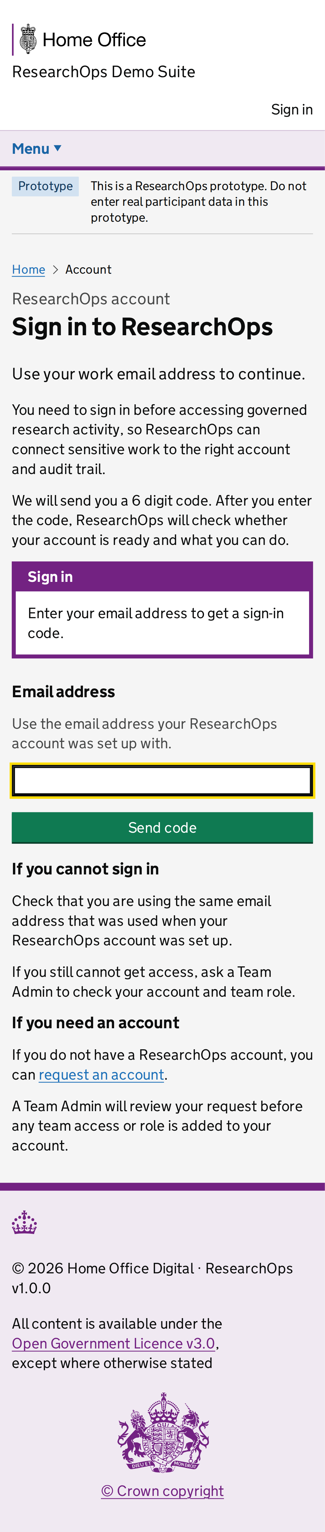Screenshot of Sign in to ResearchOps in the Email address requested state for Mobile.